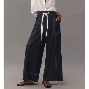 Maeve Anthropologie La Ponche Pull On Navy Linen Wide Leg Pants XS Drawstring